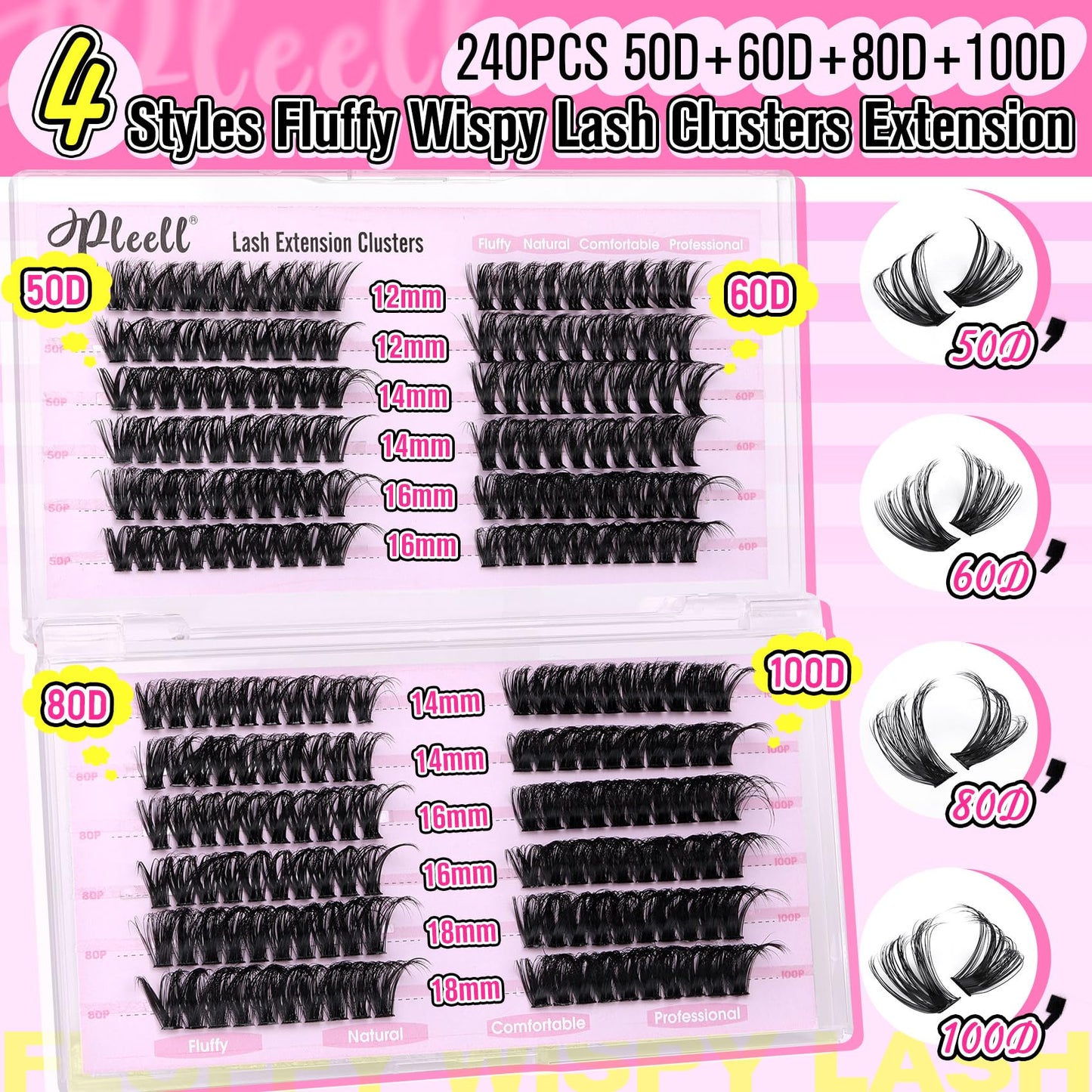 Fluffy Lash Extension Kit Wispy Eyelash Extension Kit 10-18MM Natural Lash Clusters 180PCS Cluster Eyelash Extensions with Lash Bond and Remover and Lash Applicator DIY Lashes Extension by Pleell