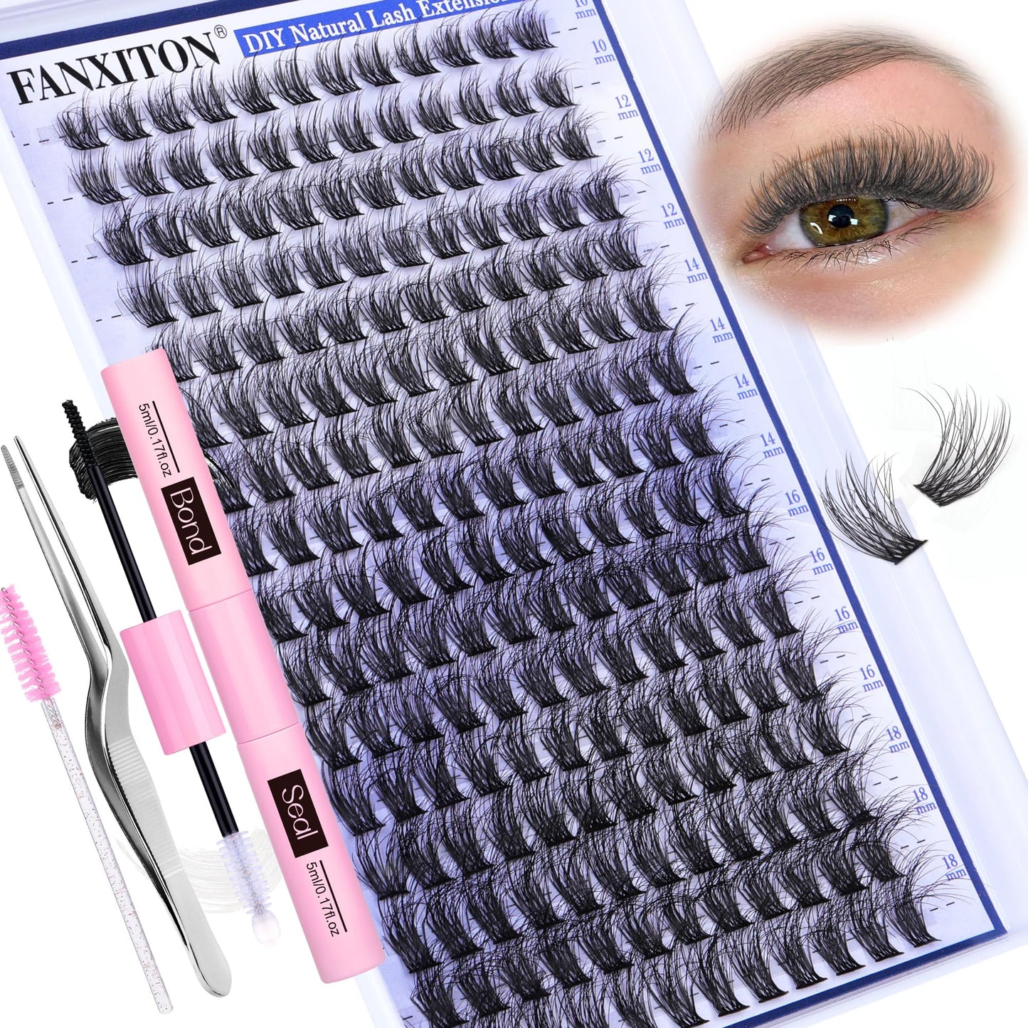 FANXITON DIY Lash Extension Kit Volume Lash Clusters 40D+50D D Curl Individual Lashes Lash Clusters Kit Thick Eyelash Extension Kit 280 pcs Thin Band Cluster Lashes Lash Bond and Seal Lash Tweezers