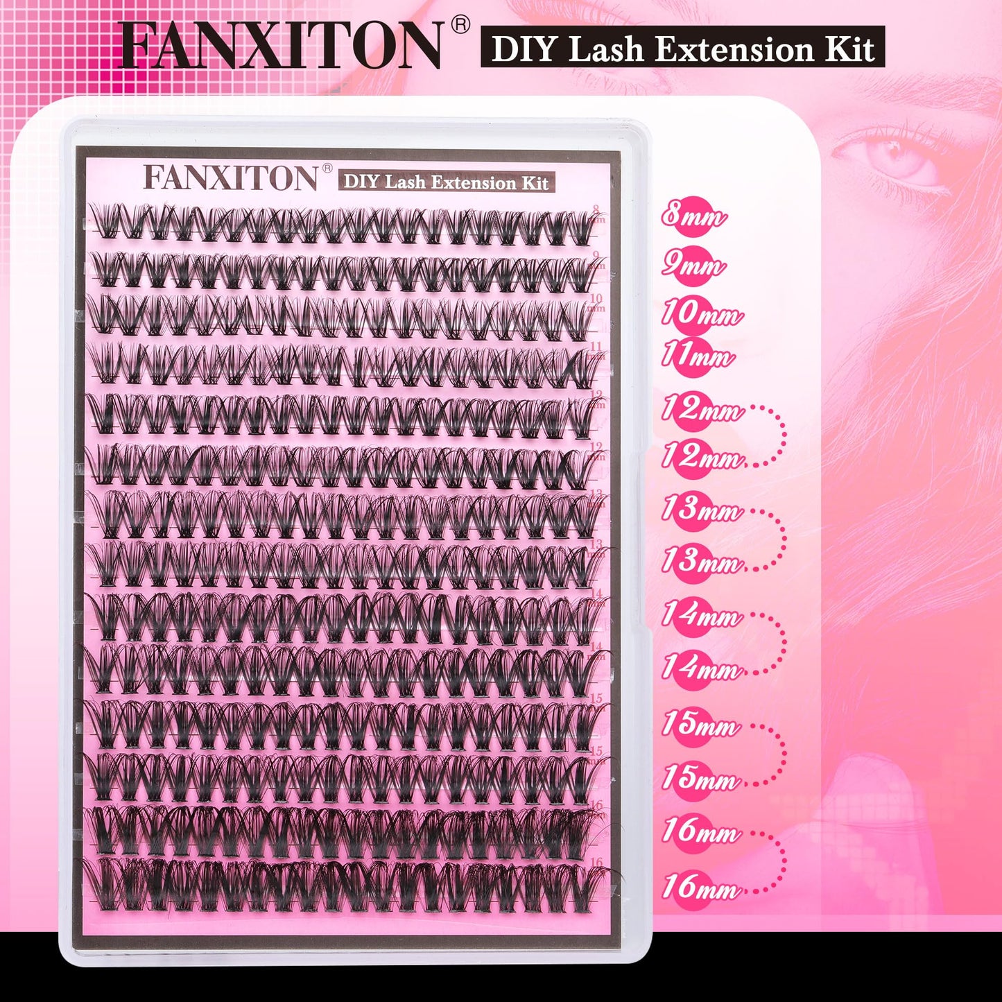 FANXITON DIY Lash Extension Kit Volume Lash Clusters 40D+50D D Curl Individual Lashes Lash Clusters Kit Thick Eyelash Extension Kit 280 pcs Thin Band Cluster Lashes Lash Bond and Seal Lash Tweezers