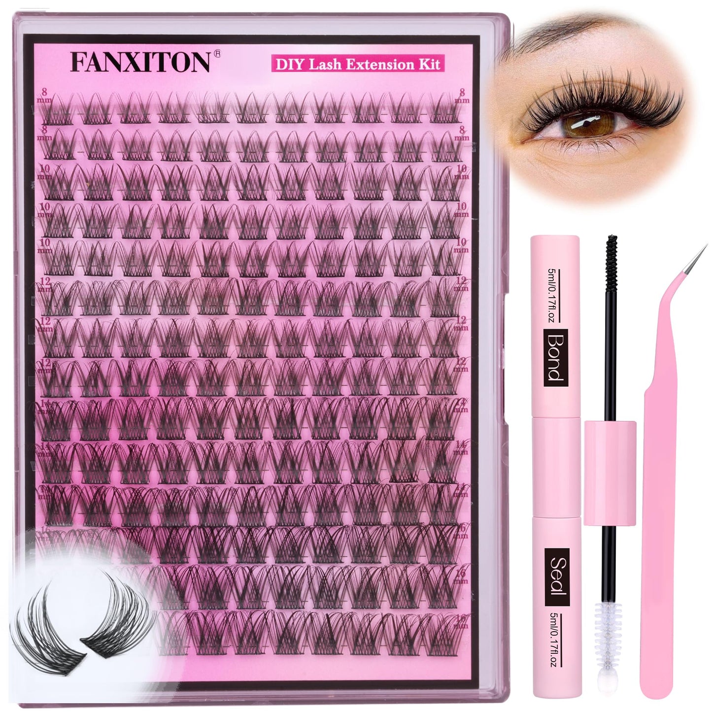 FANXITON DIY Lash Extension Kit Volume Lash Clusters 40D+50D D Curl Individual Lashes Lash Clusters Kit Thick Eyelash Extension Kit 280 pcs Thin Band Cluster Lashes Lash Bond and Seal Lash Tweezers