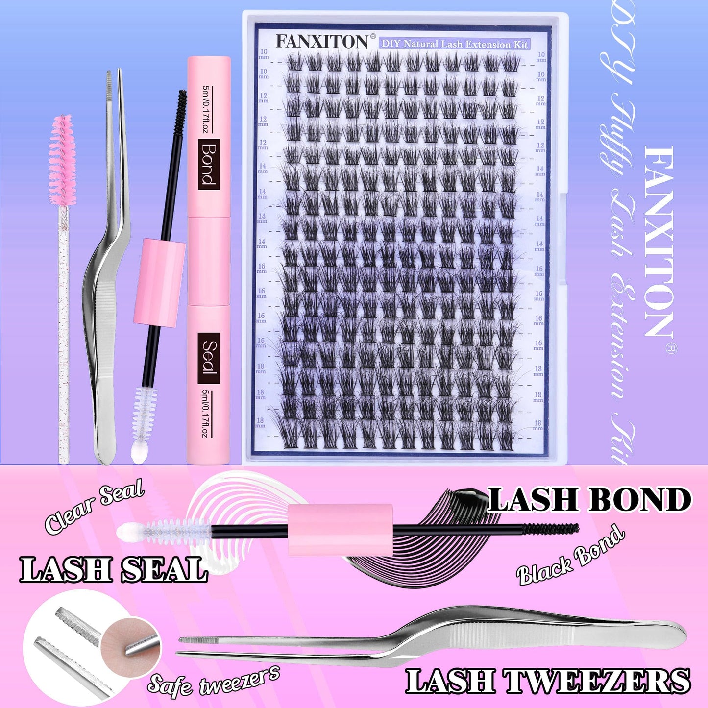 FANXITON DIY Lash Extension Kit Volume Lash Clusters 40D+50D D Curl Individual Lashes Lash Clusters Kit Thick Eyelash Extension Kit 280 pcs Thin Band Cluster Lashes Lash Bond and Seal Lash Tweezers