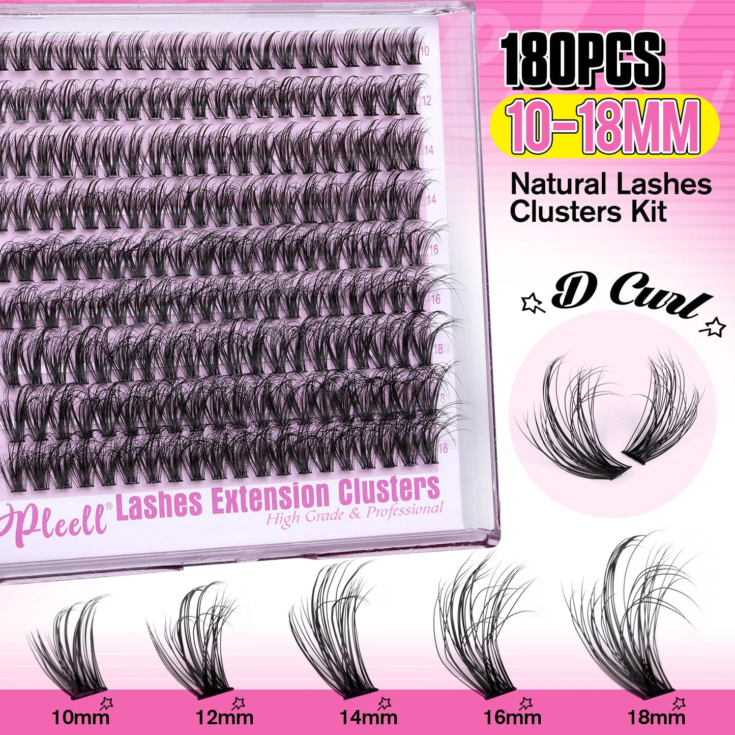 Fluffy Lash Extension Kit Wispy Eyelash Extension Kit 10-18MM Natural Lash Clusters 180PCS Cluster Eyelash Extensions with Lash Bond and Remover and Lash Applicator DIY Lashes Extension by Pleell