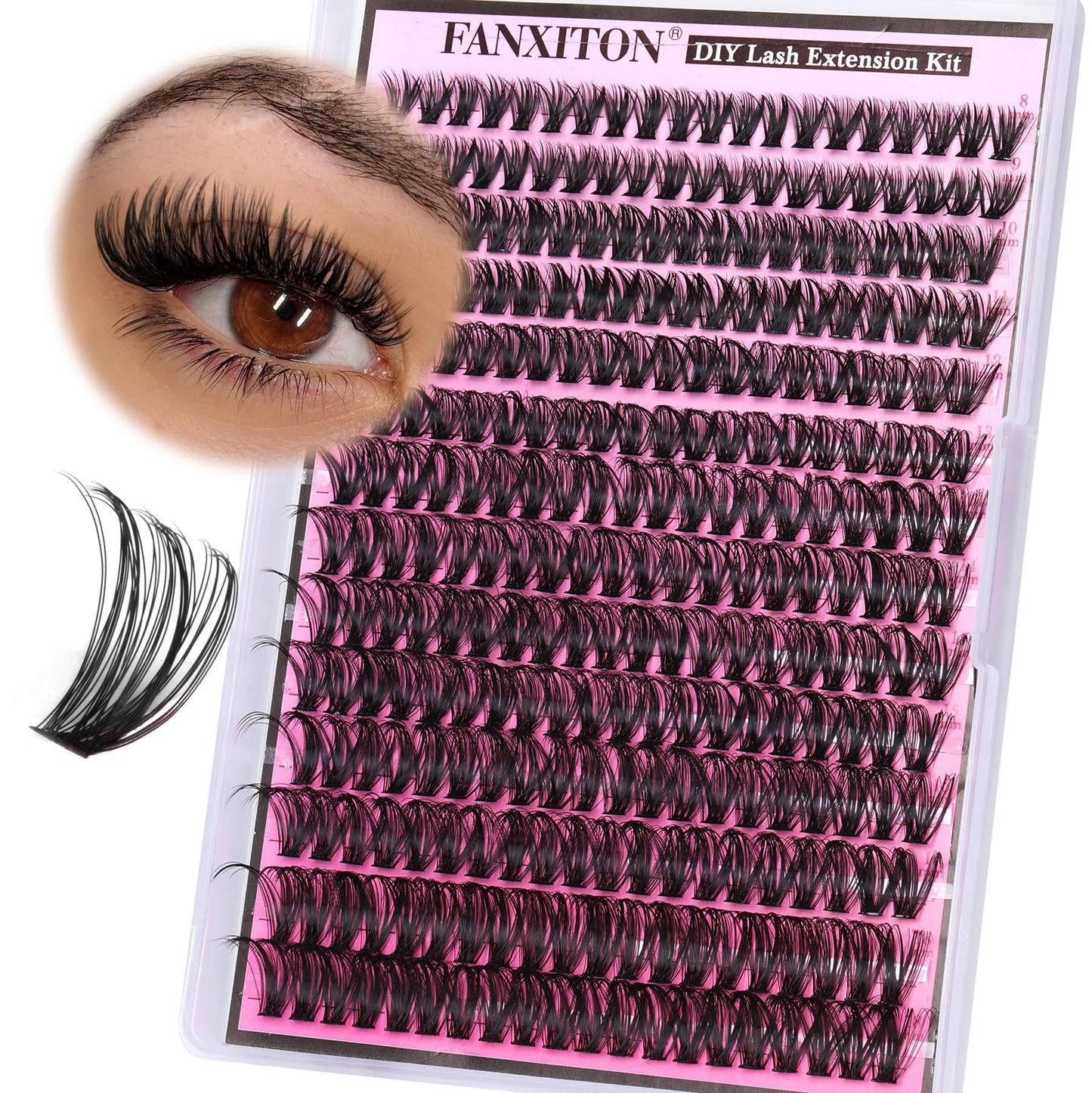 FANXITON DIY Lash Extension Kit Volume Lash Clusters 40D+50D D Curl Individual Lashes Lash Clusters Kit Thick Eyelash Extension Kit 280 pcs Thin Band Cluster Lashes Lash Bond and Seal Lash Tweezers