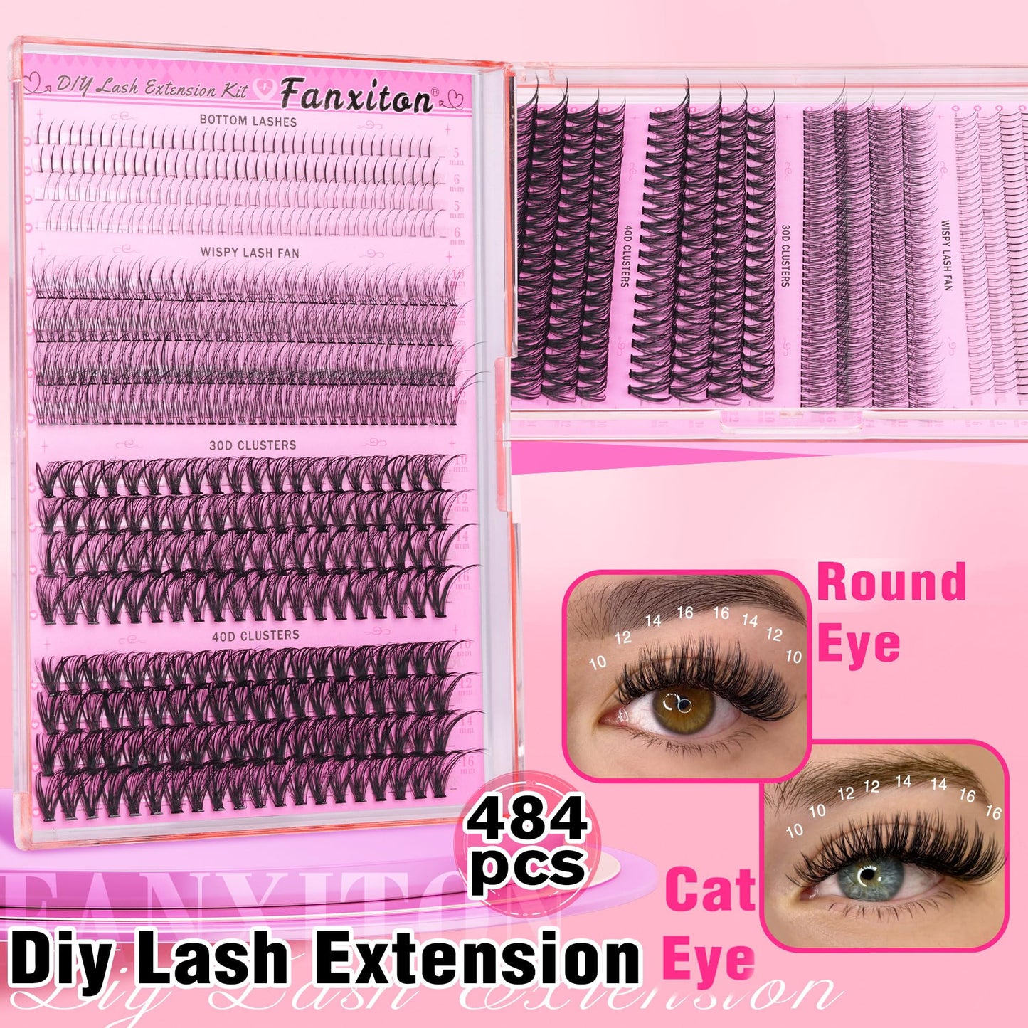 FANXITON DIY Lash Extension Kit Volume Lash Clusters 40D+50D D Curl Individual Lashes Lash Clusters Kit Thick Eyelash Extension Kit 280 pcs Thin Band Cluster Lashes Lash Bond and Seal Lash Tweezers