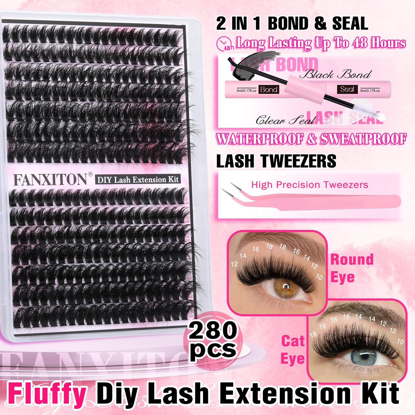 FANXITON DIY Lash Extension Kit Volume Lash Clusters 40D+50D D Curl Individual Lashes Lash Clusters Kit Thick Eyelash Extension Kit 280 pcs Thin Band Cluster Lashes Lash Bond and Seal Lash Tweezers