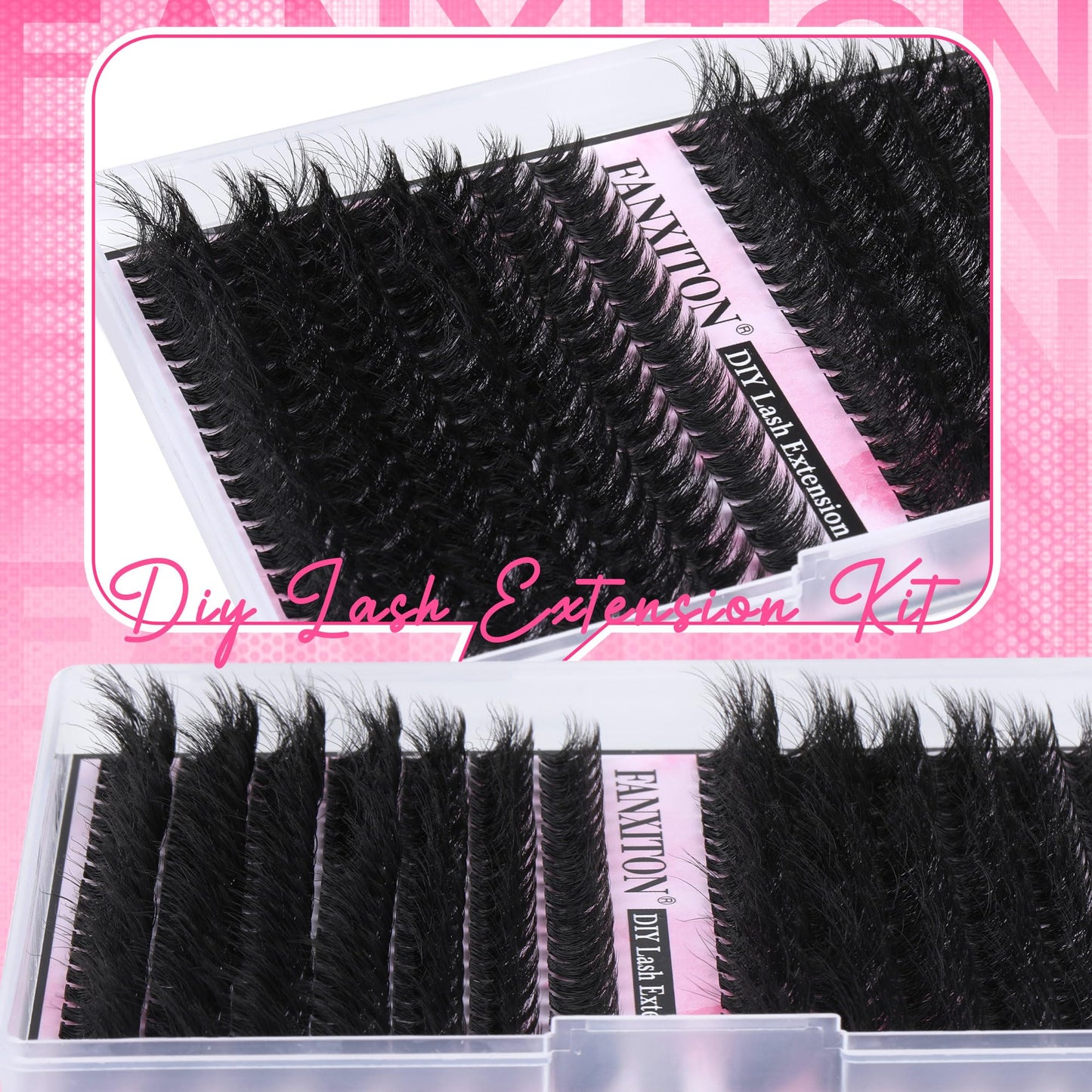 FANXITON DIY Lash Extension Kit Volume Lash Clusters 40D+50D D Curl Individual Lashes Lash Clusters Kit Thick Eyelash Extension Kit 280 pcs Thin Band Cluster Lashes Lash Bond and Seal Lash Tweezers